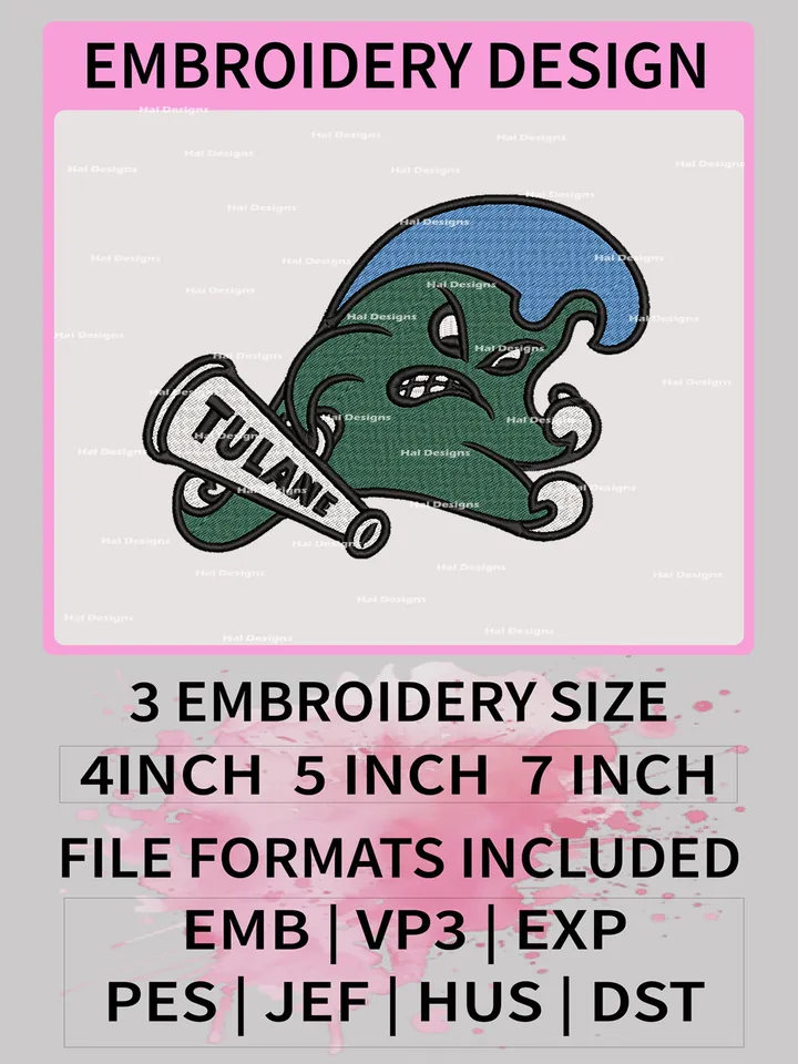 NCAA Tulane Green Wave Embroidery File, 3 Sizes, 6 Formats, NCAA Machine Embroidery Design, NCAA Logo, NCAA Teams