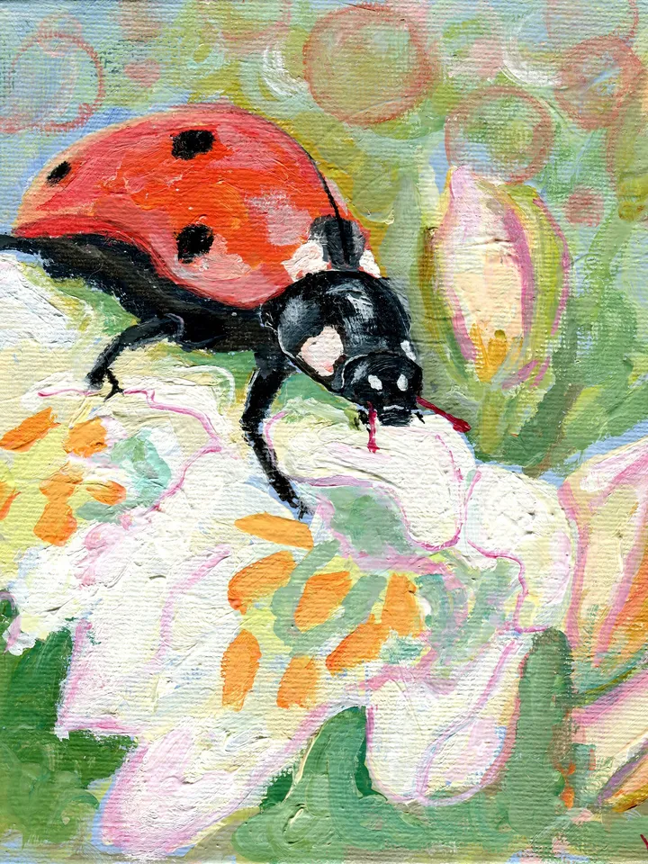 Ladybug Painting Original Art Animal Flower Painting Floral Small Art Insect