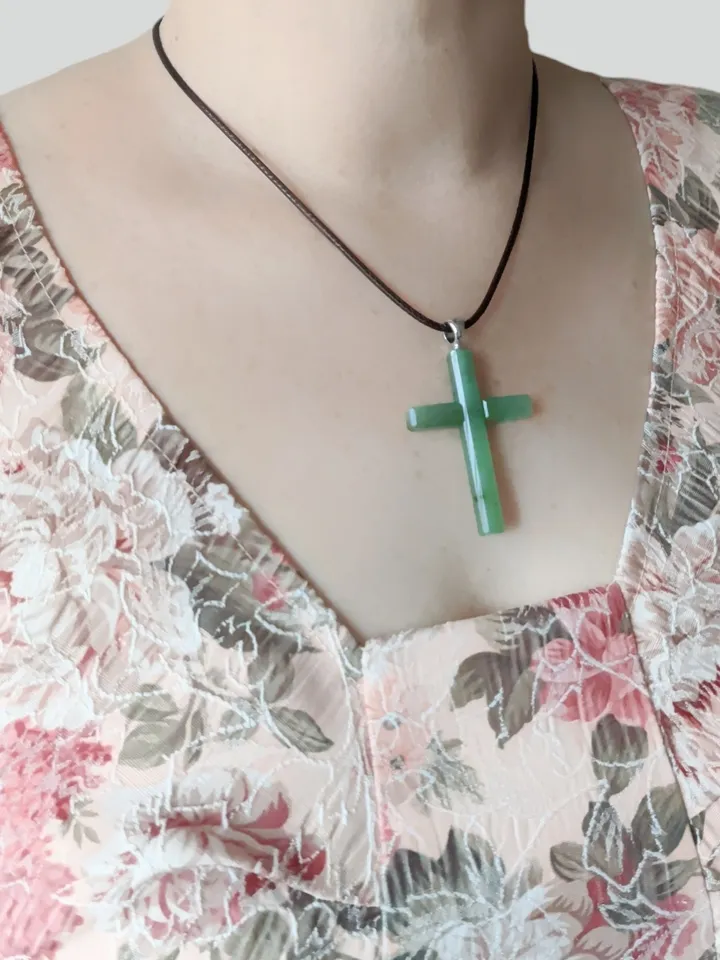 Green jade christian cross pendant religious spiritual jewelry.