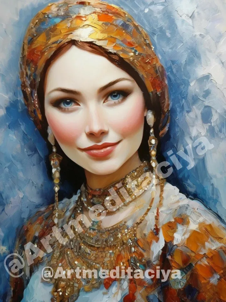 Digital textural abstract modern painting "Mysterious Stranger", a sweet blue-eyed red-haired Slavic woman in a silk golden-blue scarf and dress on an abstract white-blue background, made in the ethnostille of oil painting with a palette knife