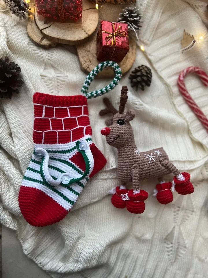 PDF Christmas Stocking, Christmas amigurumi pattern, Christmas ornament sock, Christmas decoration, Christmas crochet deer, Christmas animal