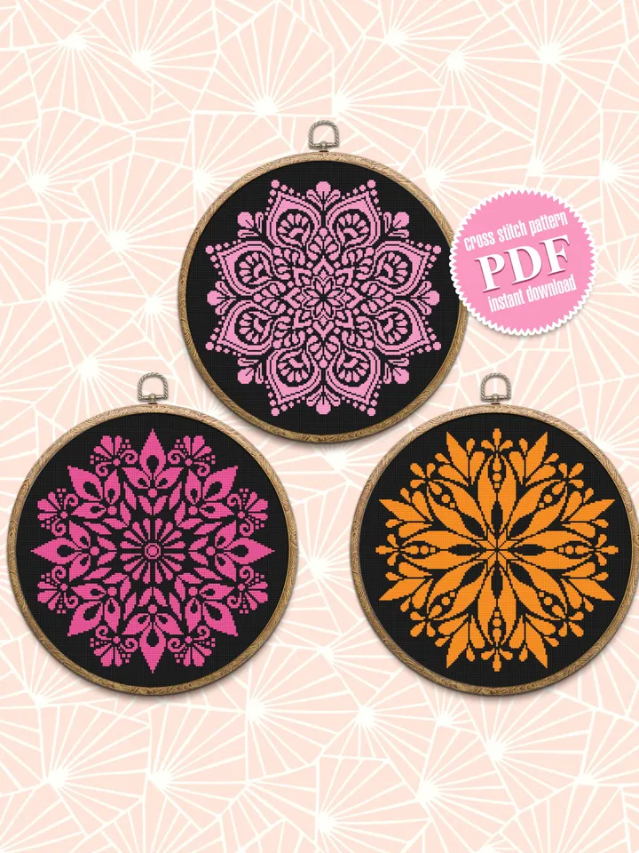 Mandala set cross stitch pattern PDF Monochrome mandala pattern instant download PDF, Flower mandala cross stitch chart, DIY Home decor #S46