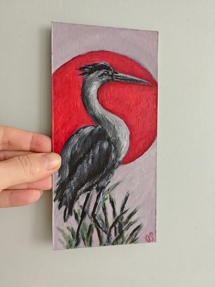 Japanese Crane Bird Original Painting Crane Bird Artwork Japanese Style Crane Modern Art Japanese Crane Red Sun Oil Painting 4 x 8 inches by OlgaSokolovaArt