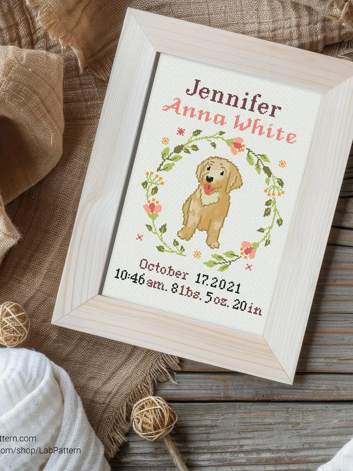 Dog Baby Birth announcement cross stitch pattern, baby, personalized, boy girl nursery decor,  chart, gift DIY, embroidery, instant PDF
