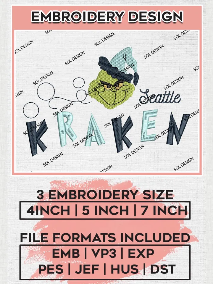 Grinch Seattle Kraken Embroidery Designs, Grinch Christmas Embroidery Files, NHL Kraken Machine Embroidery Designs, NHL Seattle Kraken Logo, NHL Christmas Machine Embroidery Design, Digital Download