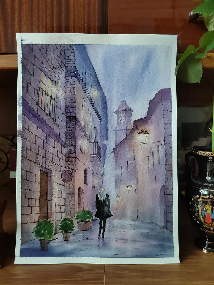 Original Watercolor Painting Urban Landscape Art Rainy Morning Street Artwork 30x40 Old Town Picture by SoftWaves