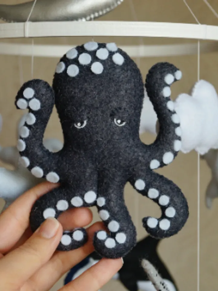 Baby mobile with whales for ocean nursery. Ocean octopus, narwhal, orca and whale for decor nautical nursery.