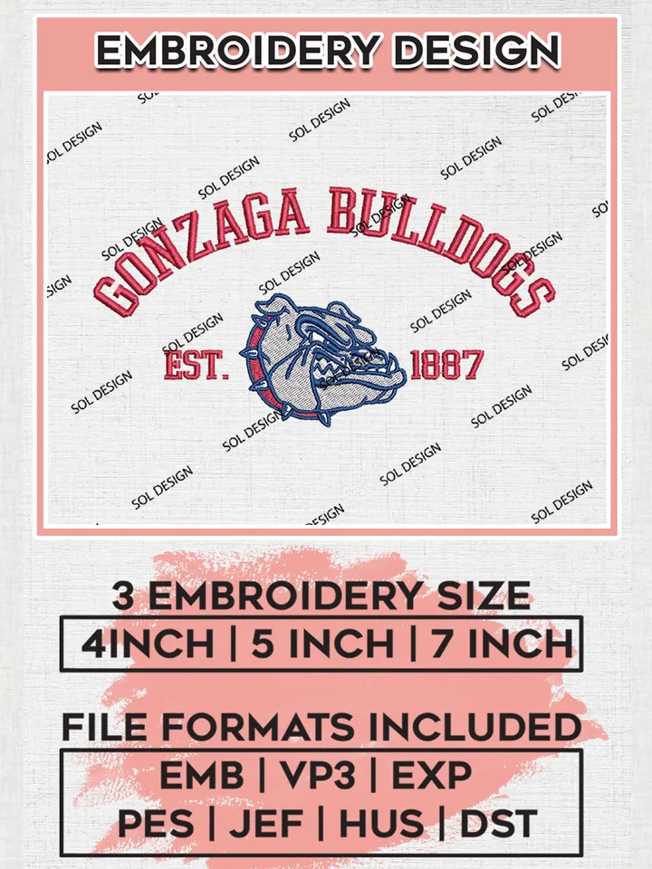 Gonzaga Bulldogs Est 1887 Embroidery Designs, NCAA Gonzaga Bulldogs Team Embroidery, NCAA Team Logo, 3 sizes, Machine embroidery Files, Digital Download