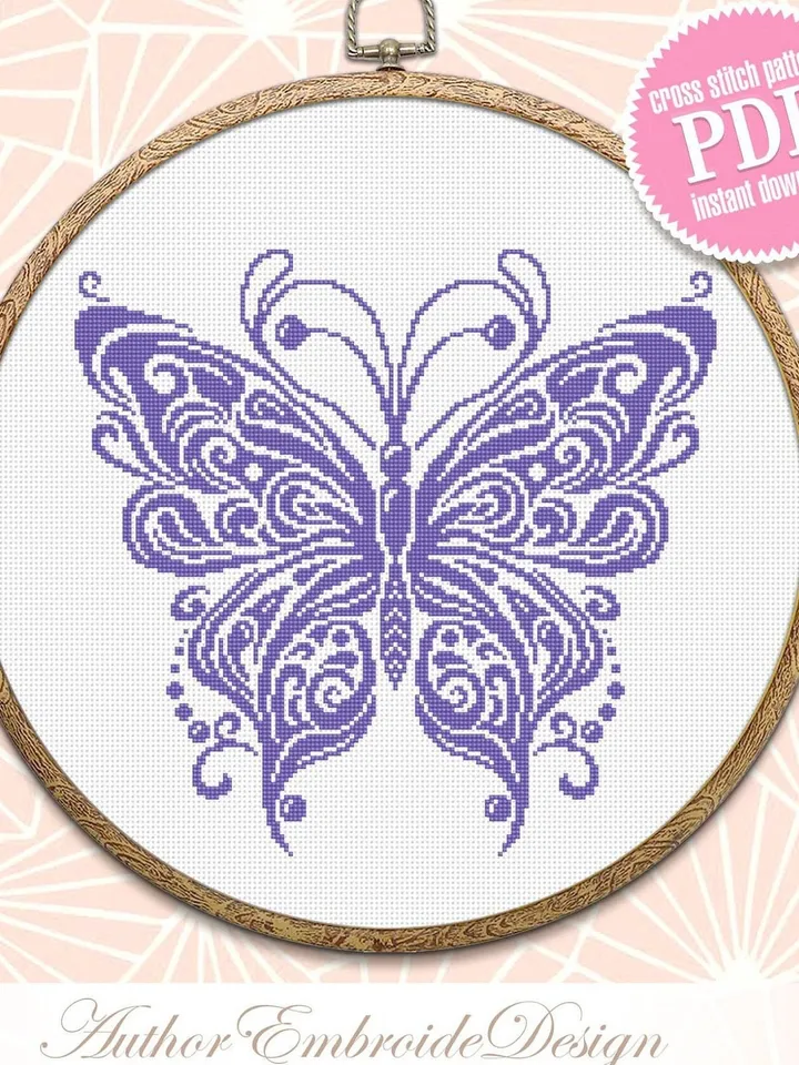 Mandala butterfly cross stitch pattern PDF download Monochrome butterfly digital PDF, Vintage butterfly ornament cross stitch chart #M213