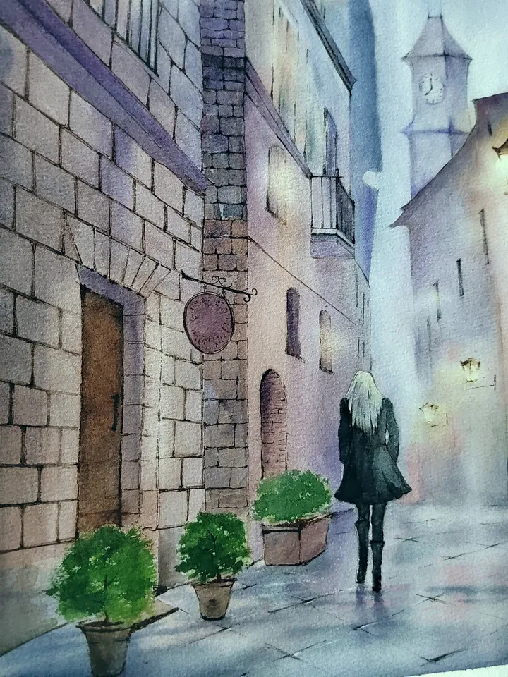 Original Watercolor Painting Urban Landscape Art Rainy Morning Street Artwork 30x40 Old Town Picture by SoftWaves