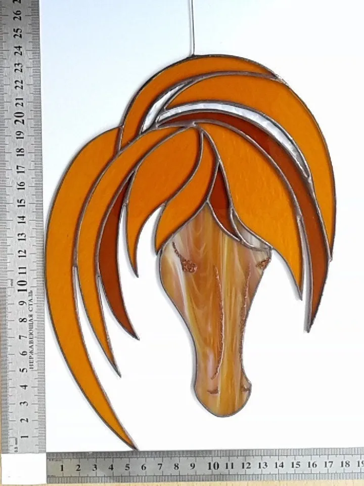Head Horse Golden Amber Brown . Art stained glass window hanging Suncatcher