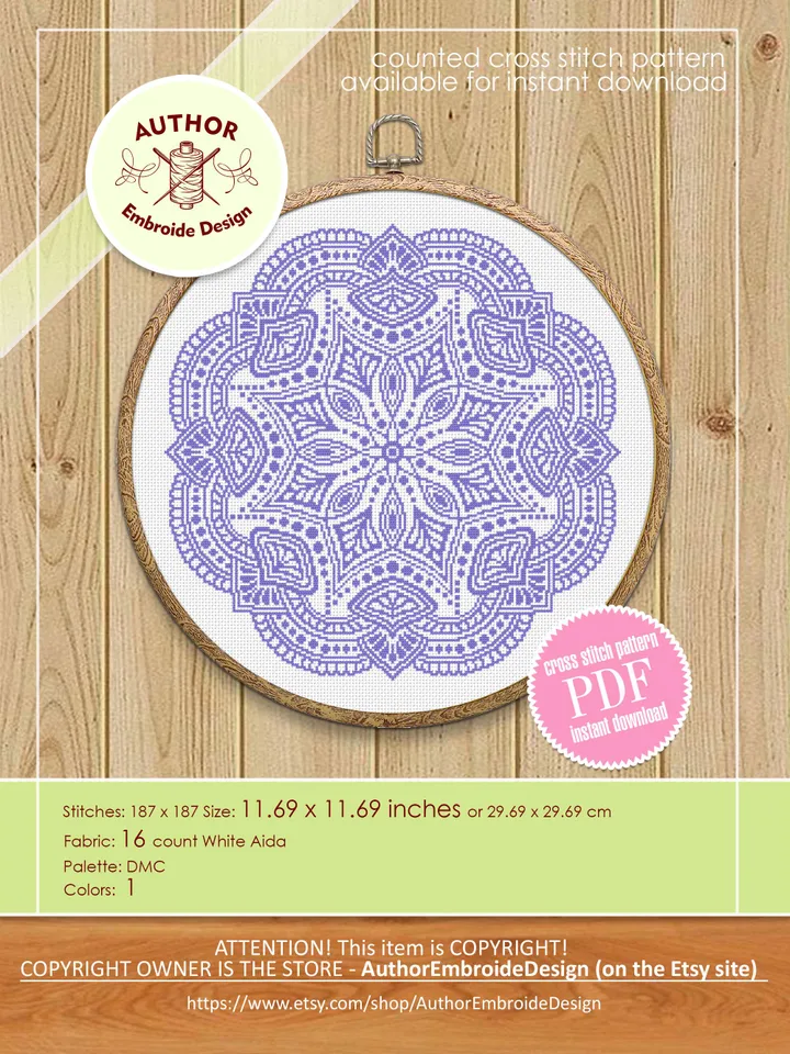 Flower mandala cross stitch pattern PDF download Mandala ornament cross stitch chart, Mandala pattern digital PDF, Mandala embroidery #M269