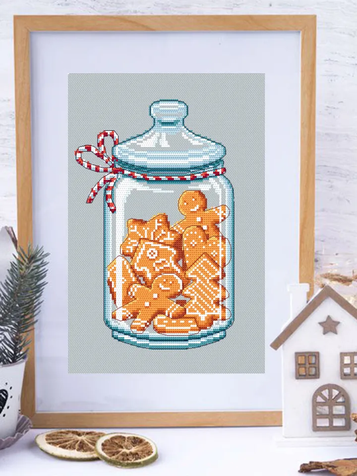 Christmas gingerbread cross stitch pattern download PDF, Christmas jar cross stitch chart, Holiday hand embroidery PDF, Sweet Christmas #N85