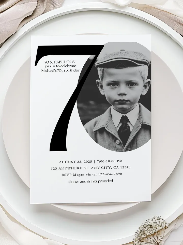 70th Birthday Party Invitation Card, Look Who's 70, Editable 70th Birthday Card Template, Printable Minimalist Birthday Photo Card Canva