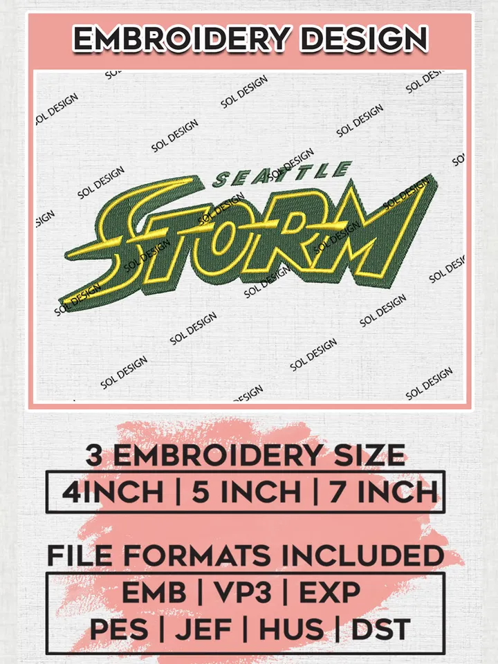 WNBA Seattle Storm Logo Embroidery Files, WNBA Seattle Storm Embroidery Designs, WNBA Basketball Teams, 3 sizes, Machine embroidery designs, Digital Download