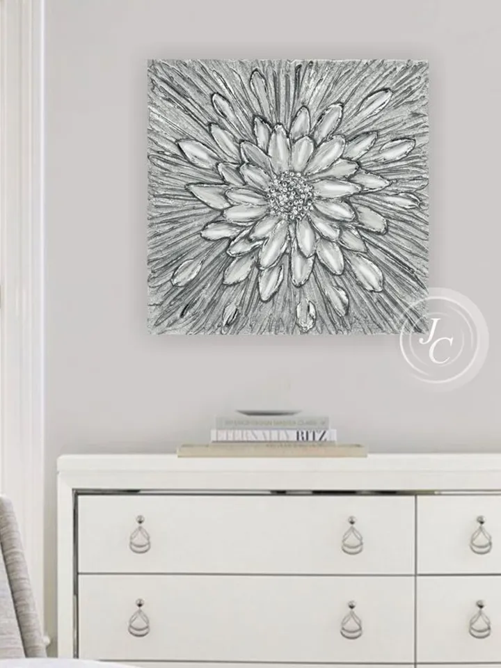 Silver Daisy Textured Flower artwork Original Painting Floral Wall Art Modern Wall Decor with Crystals