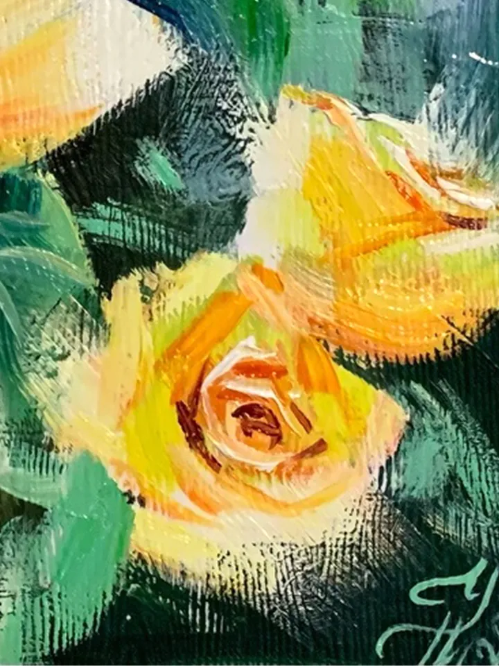 Oil Painting with Yellow Roses, Miniature Wall Art, Anniversary Gift