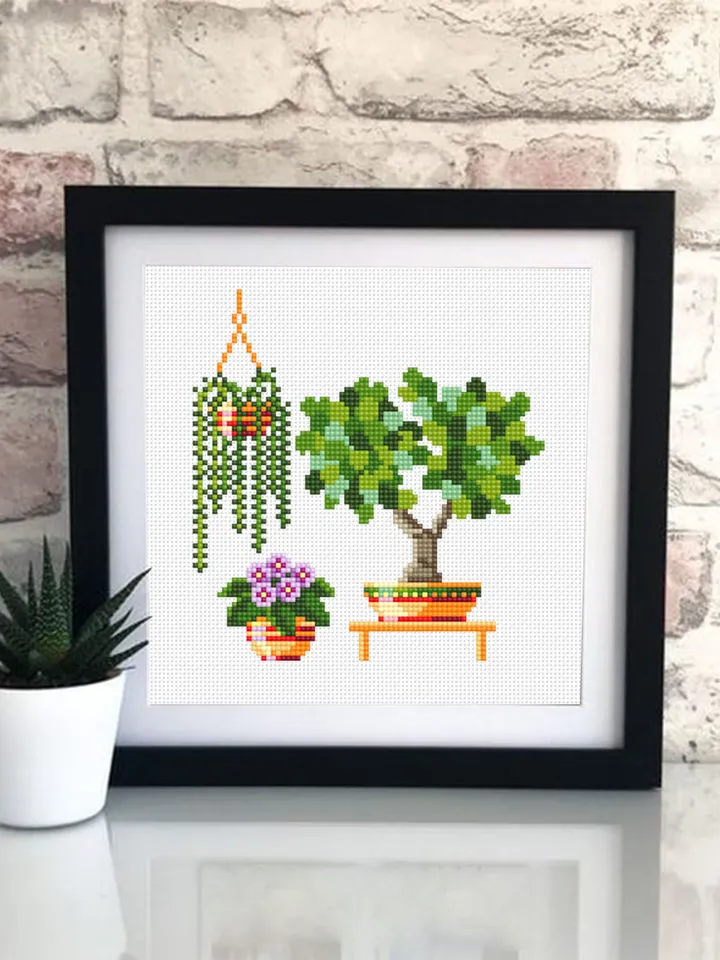 House plants cross stitch pattern download PDF, Small floral cross stitch chart, Garden beginner stitch, Potted plants embroidery PDF #P13