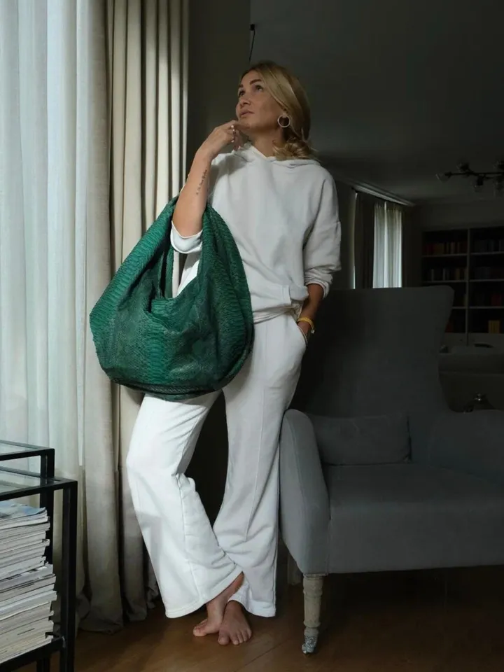 Big Soft Hobo Classy Sport Woman Bag | Purse Genuine Python Skin | Python Skin Products | Green Big Elegant Leather Designer Soft Bag Snake