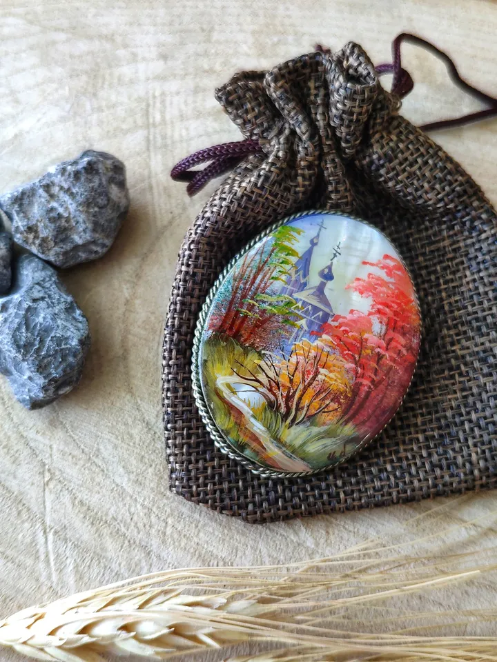 Brooches for women: Village Church in fall season Forest painted on aesthetic brooch • Dainty handmade jewelry • gorgeous pin for dress