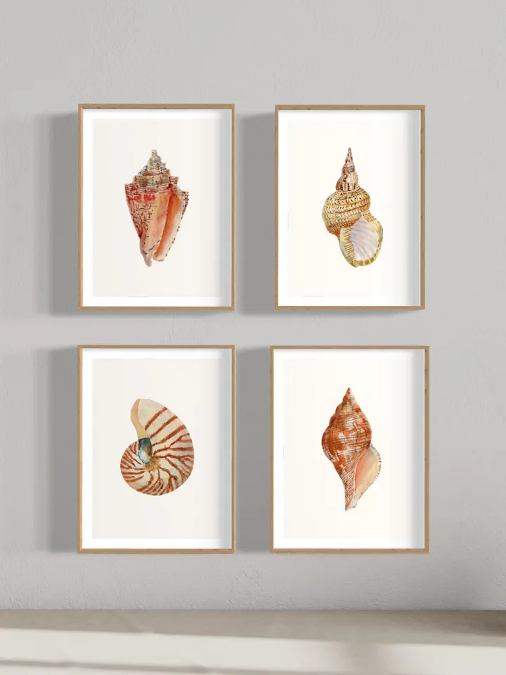 Sea Shell Art, Set Of 4 Art Prints, Watercolor Nautical Painting, Coastal Art Prints, Beach Gift, Seaside Decor, Bathroom Art