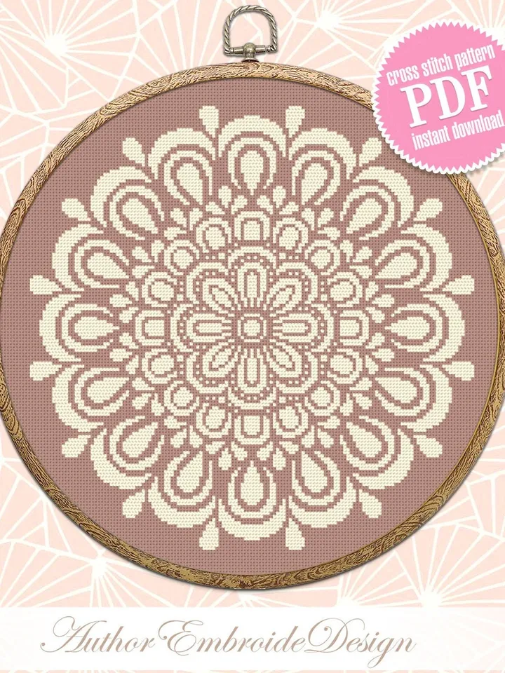 Simple mandala cross stitch pattern PDF download Flower mandala pattern digital PDF, Monochrome cross stitch chart for beginner #M244