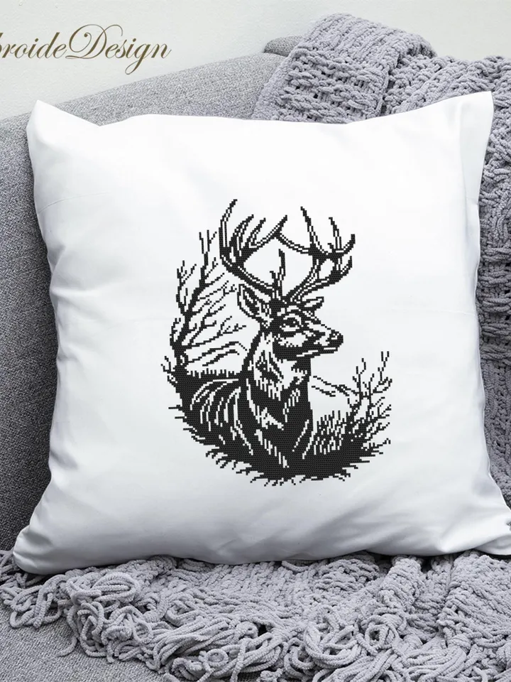 Woodcut deer cross stitch pattern PDF download Animal cross stitch chart Monochrome deer pattern digital PDF Deer silhouette embroidery #L90