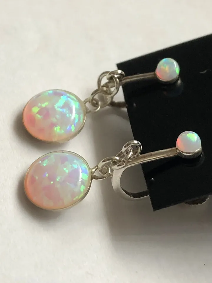 Clip On Screw Back Opal Earrings Sterling Silver, White Opal Non Pierced Dangle Earrings