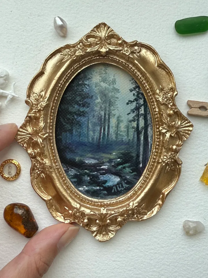 Enchanted Forest Landscape Oil Painting Original In Vintage Style Frame Small Framed Oval Painting Art