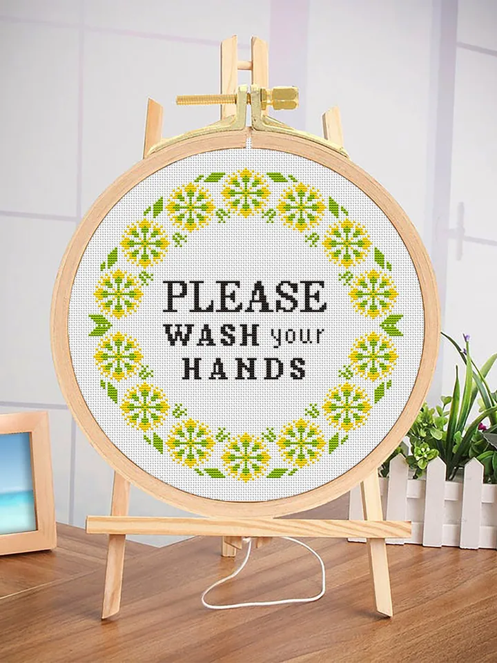 Quote cross stitch flowers Please wash your hands PDF pattern Modern, medical quote round frame, Coronaviridae pandemic Modern needlepoint