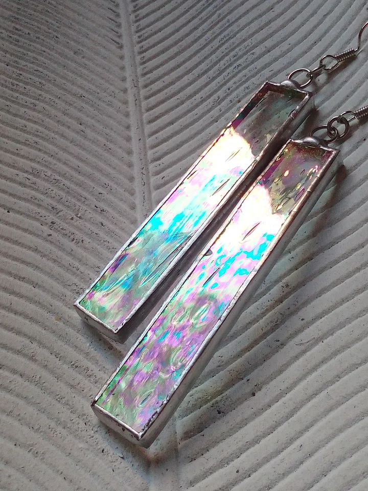 Iridescent stained glass, clear earrings, cute rectangle earrings, dichroic earrings, duochrome earrings