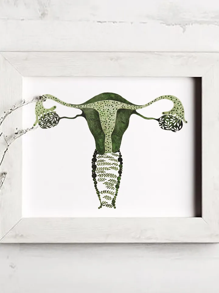 Watercolor poster "CORE OF NATURE", green uterus illustration