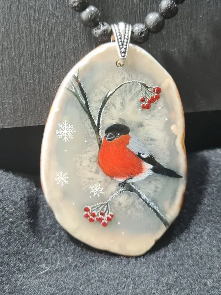 Bullfinch on a rowan branch necklace Hand painted Christmas Gift Wrapping