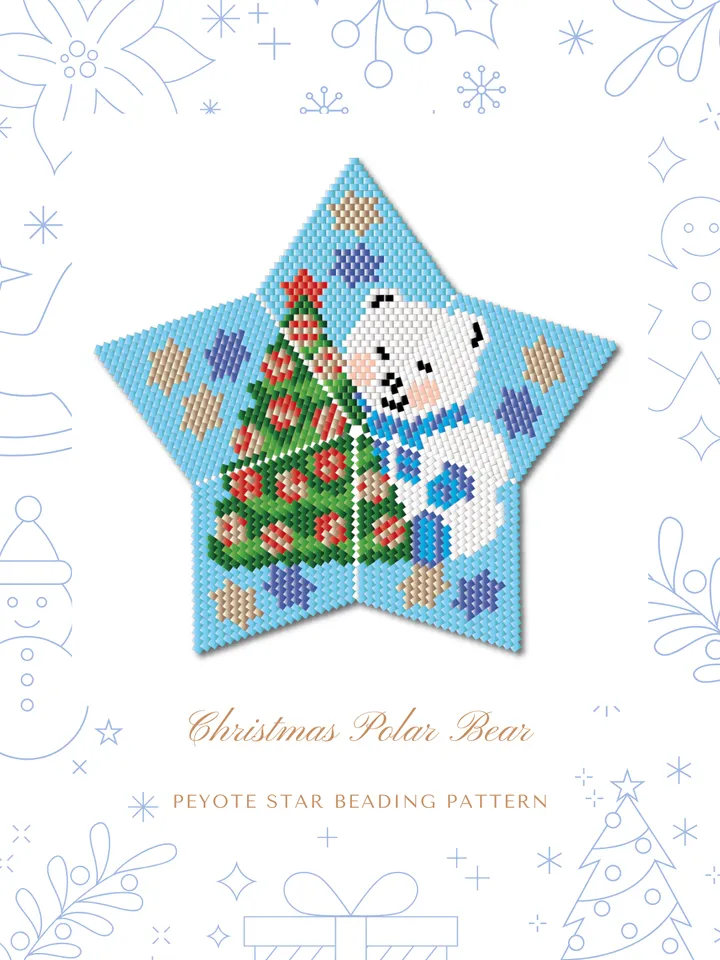Christmas Polar Bear, 3D Peyote Star Beading Pattern, Seed Bead Ornaments,  Peyote Stitch