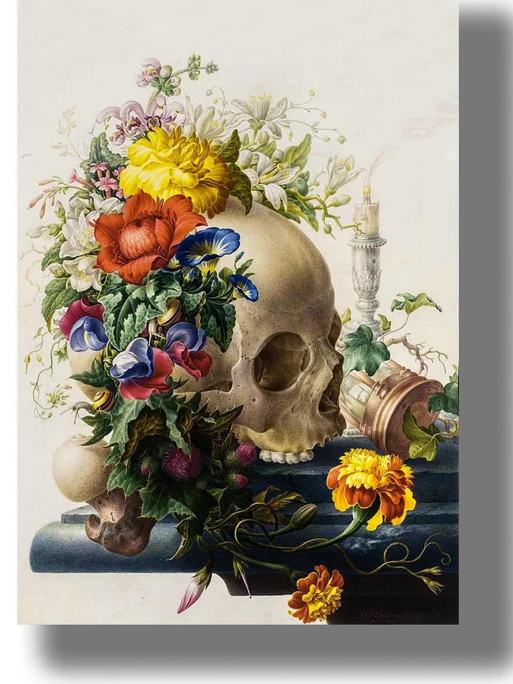 A painting with a skull, a candle and flowers.