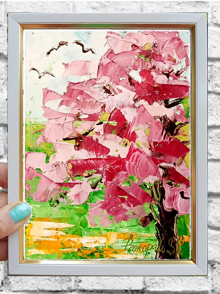 Sakura painting japan garden art original oil painting Small Original art Pink Trees wall art Pink peonies artwork New home gifts 7x5 in