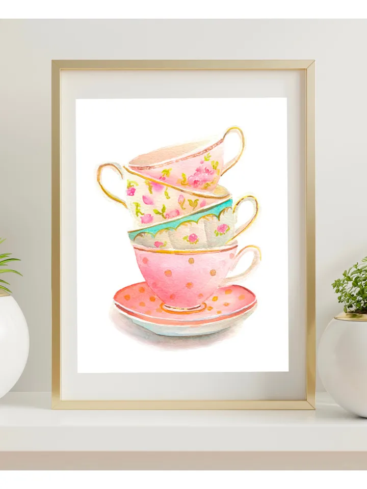Tea Cups Watercolor Painting, Kitchen Wall Art, Tea Lover Gift, Tea Party, Vintage Kitchen Art, Art For Kitchen, Tea Time, Tea Decor