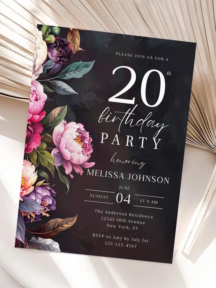 20th Birthday Invitation for women or men – Moody Burgundy & Blush Peony Floral Invitation Elegant Dark Birthday Party Invite Canva Template