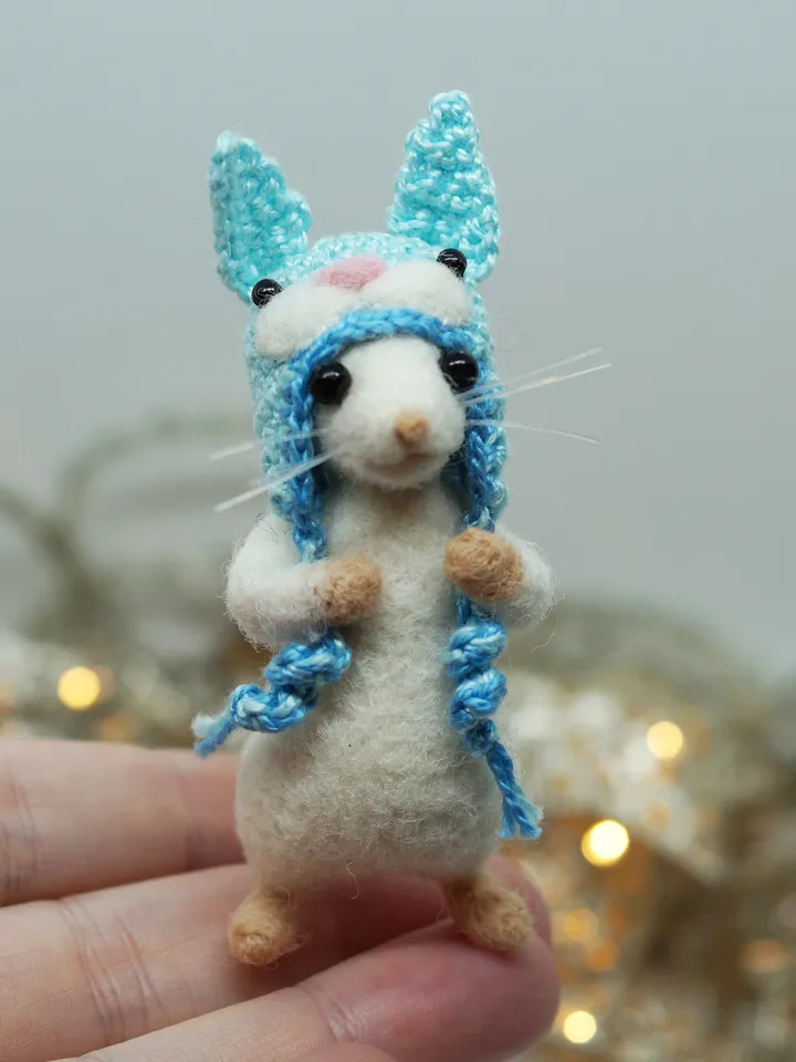 Timmy the mouse, miniature needle felted white mouse in a rabbit hat, made to order