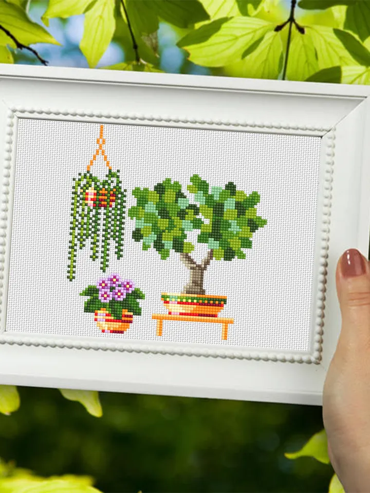 House plants cross stitch pattern download PDF, Small floral cross stitch chart, Garden beginner stitch, Potted plants embroidery PDF #P13