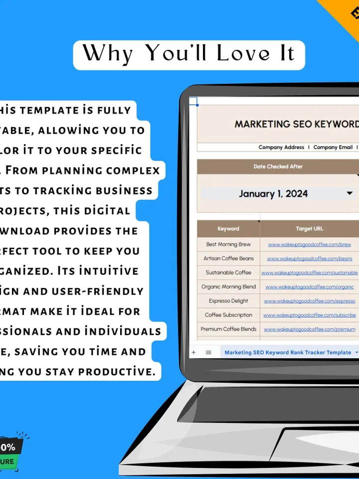 Marketing SEO Keyword Rank Tracker Template, Google Ranking Tracker, SEO Performance Spreadsheet, Keyword Position Monitoring Tool