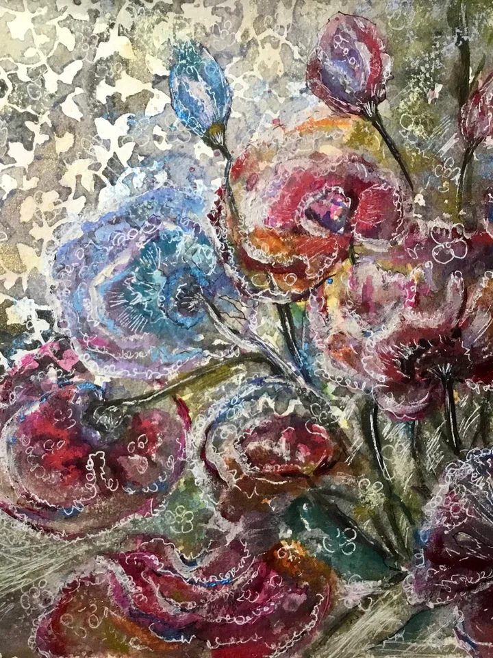 Fantasy abstract flowers,original mix media artwork,watercolor and acrylic painting on watercolor paper,modern floral decoration wall art.