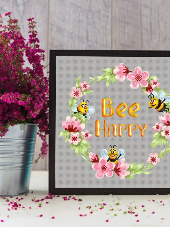 Honey bee cross stitch pattern download PDF, Bee Happy cross stitch Floral wreath cross stitch chart Framed quote embroidery, Bee decor #Q48