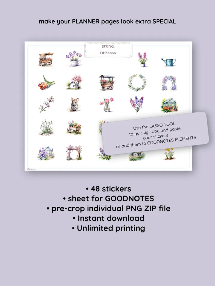 Spring Sticker pack for Digital Planners, Calendars, Postcards, Scrapbooks. Watercolor Spring-inspired sticker set