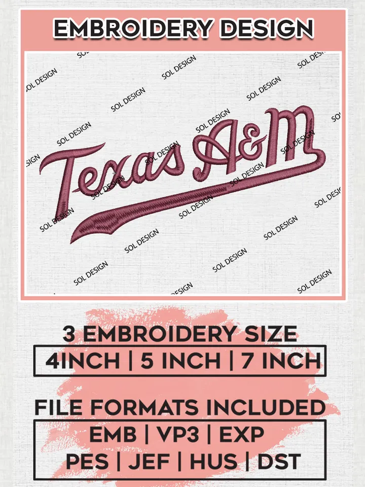 Texas A&M NCAA College Team Word Logo Embroidery Design Files, NCAA Texas A&M Aggies Machine Embroidery, NCAA Teams, 3 sizes, NCAA Machine embroidery designs, Digital Download