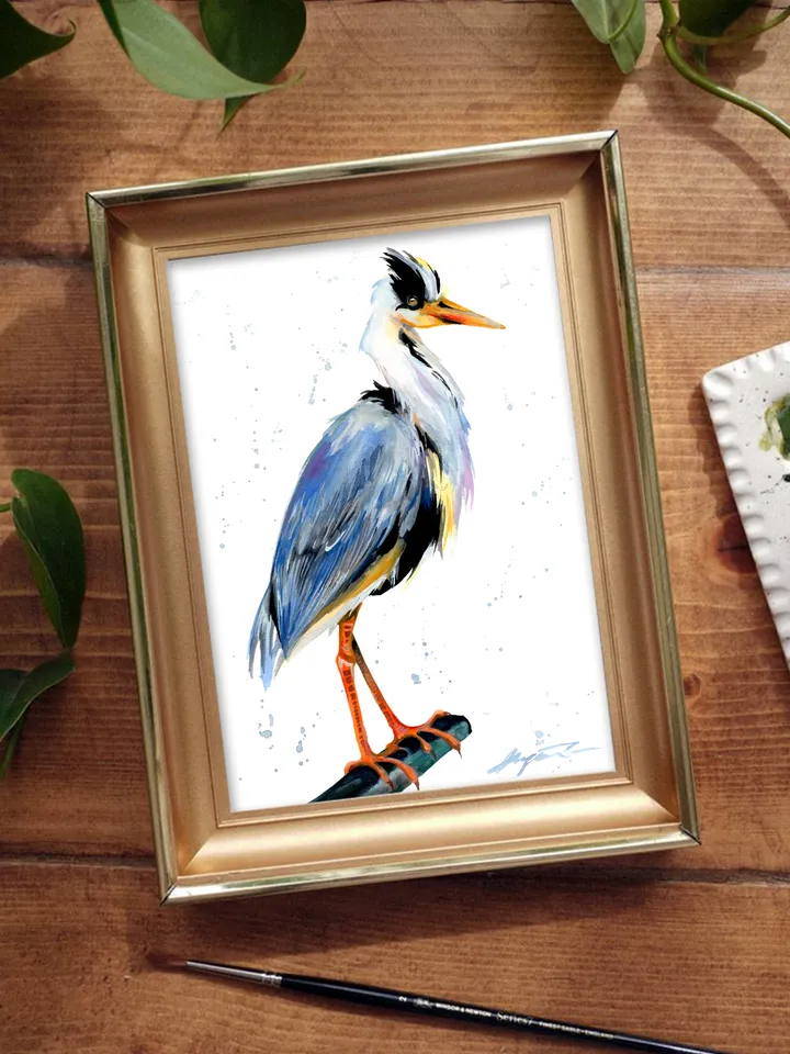 Great Blue Heron Bird Watercolour, bird painting, wall decor, birds lover gift, 8x11 in handmade art by Anne Gorywine