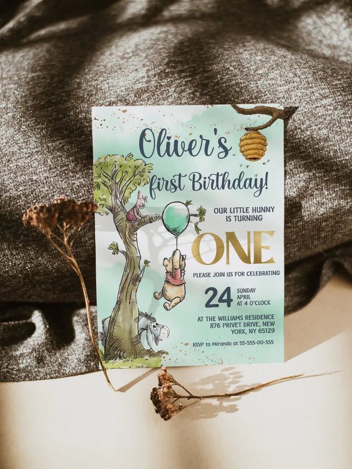 Classic Winnie Pooh Baby Birthday Invitation; Winnie Pooh Baby Birthday ; Greenery Baby Birthday; Honey Bear Birthday; Winnie Pooh wp5