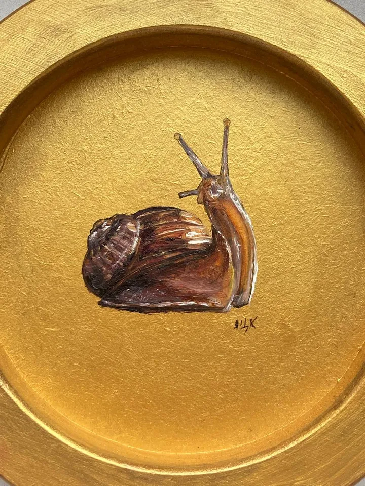 Framed Snail Oil Painting Original Round Art Gold Frame Painting Academia
