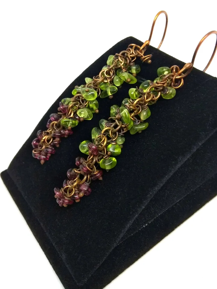 Copper Earrings with Peridot and Garnet β Summer Berry Cluster