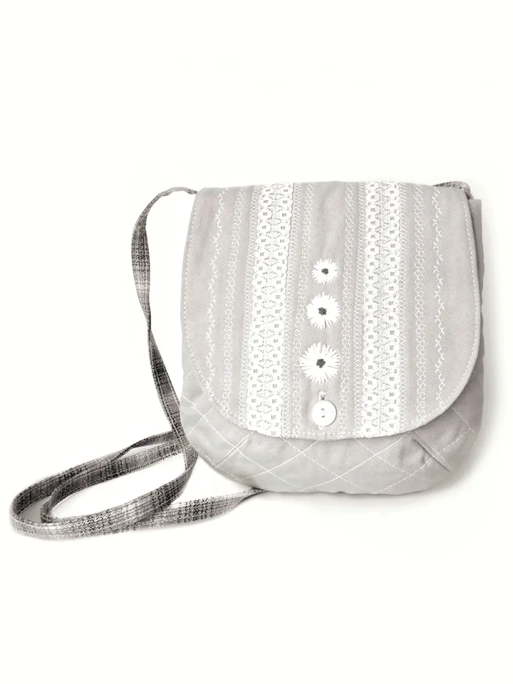 Handmade Women's Quilted Fabric Crossbody Purses with Lace and Decorative Stitching in Grey and Khaki Colors - Small and Stylish. FREE SHIPPING!